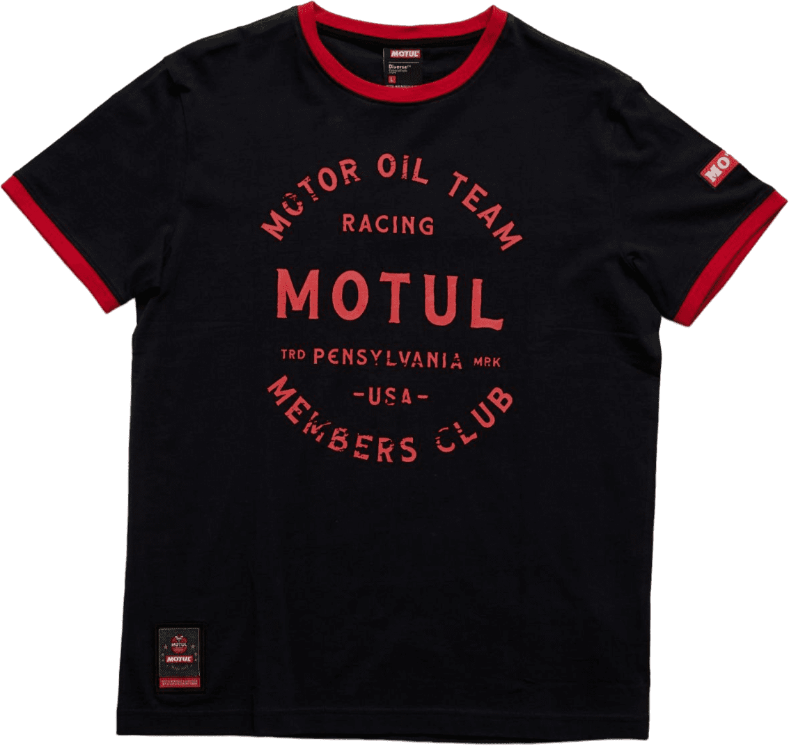 10040094006 Klassieke collectie 'Motorolieteam' T-shirt uit de MOTUL-collectie - groot gedrukt logo op de borst, met decoratief label onderaan de voorkant en gedrukt logo op de mouw.
