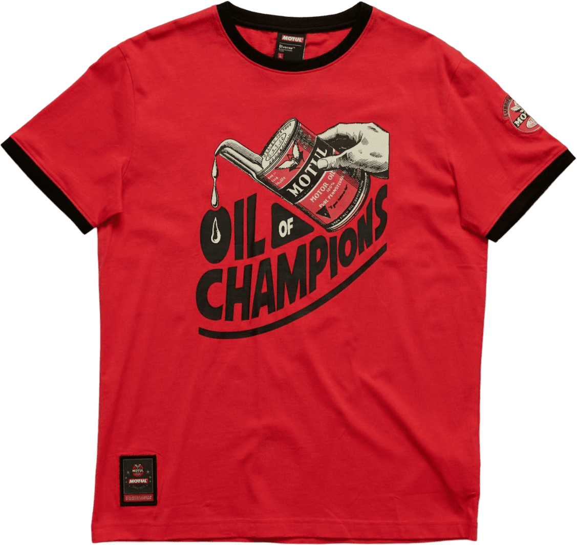 10040094011 T-shirt rouge à manches courtes et imprimé classique &quot;Oil of Champions&quot; sur la poitrine.