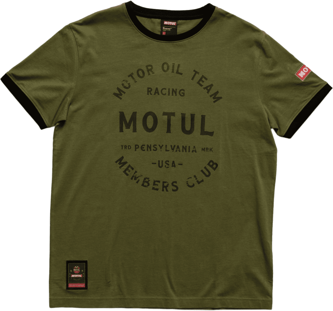 10040094016 T-shirt de couleur kaki à manches courtes et imprimé classique &quot;Motor Oil Team&quot; sur la poitrine.