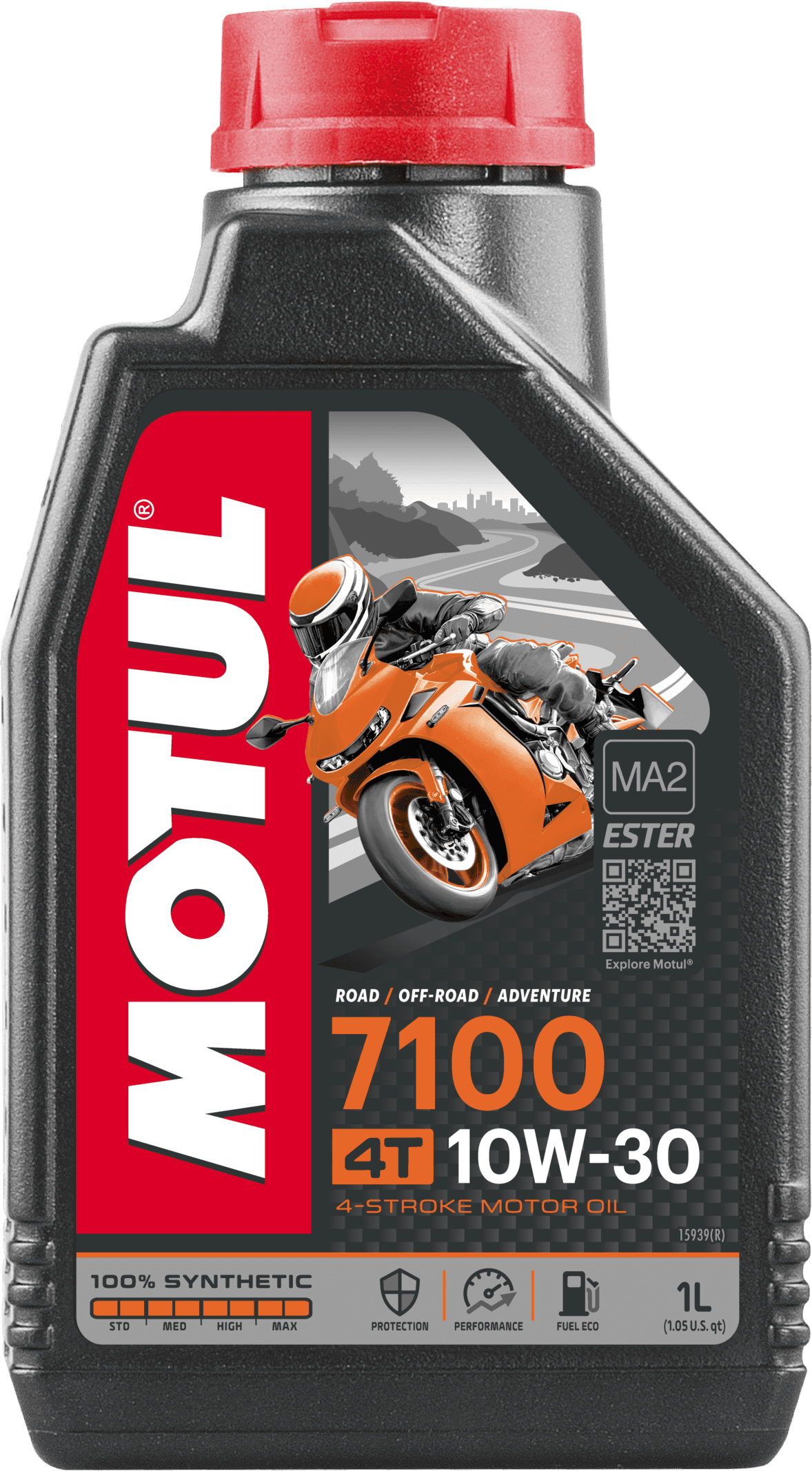 104089-1 Lubrifiant Motos Hautes Performances 100% Synthèse – Ester pour améliorer la résistance du film d'huile à hautes températures et hauts régimes moteur.