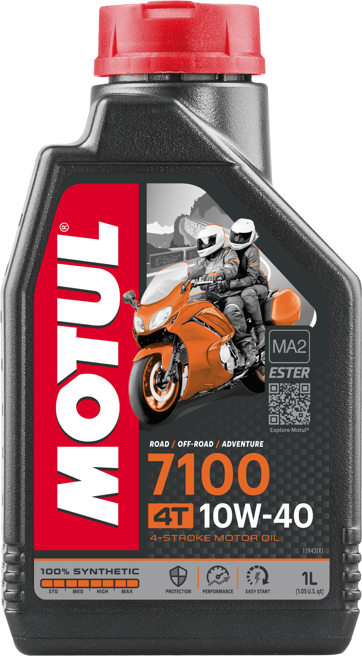 104091-1 Lubrifiant hautes performances pour motos - 100% Synthèse – Ester pour améliorer la résistance du film d'huile à hautes températures et hauts régimes de rotation moteur.
