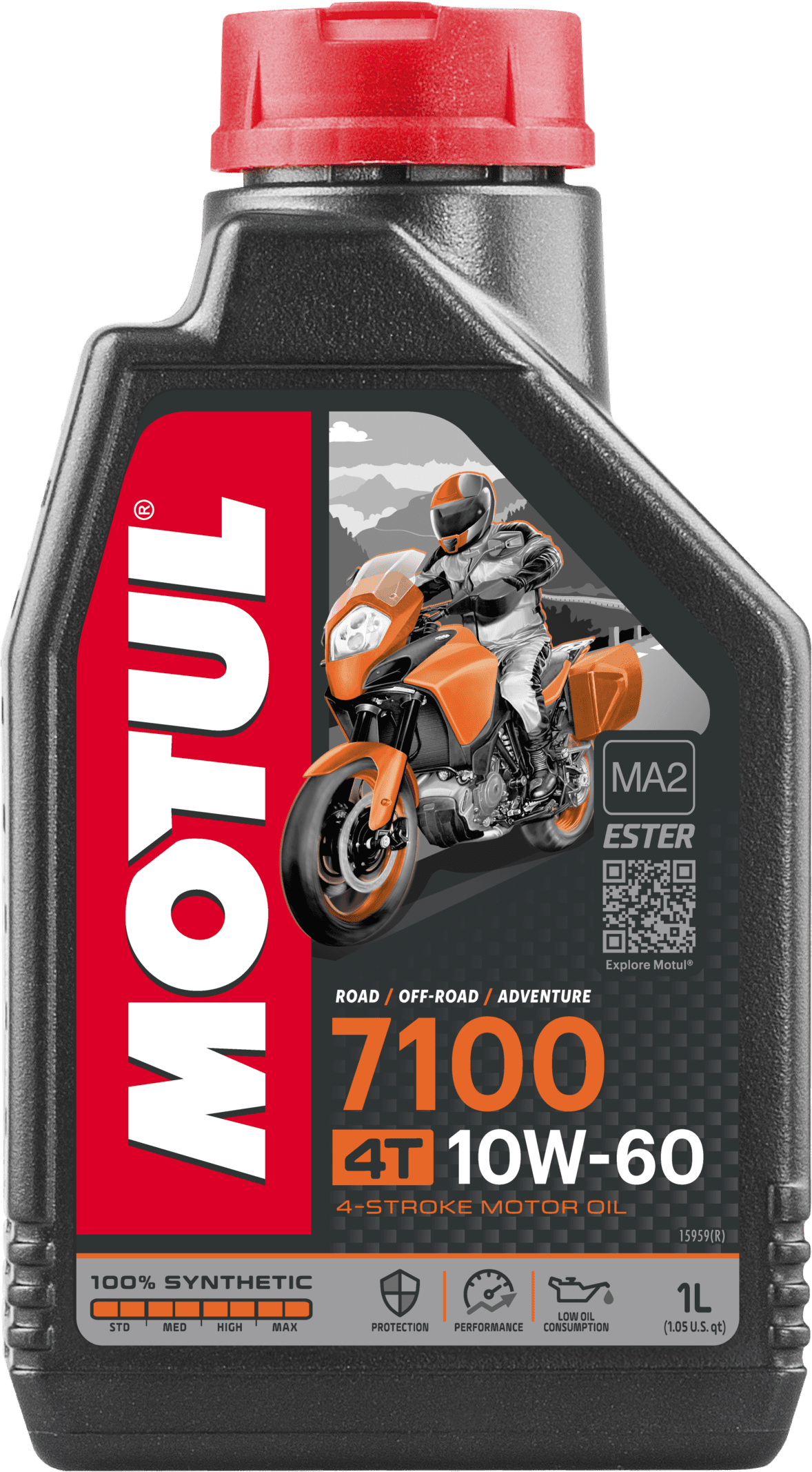 104100-1 Lubrifiant Motos Hautes Performances 100% Synthèse – Ester pour améliorer la résistance du film d'huile à hautes températures et à hauts régimes moteur.