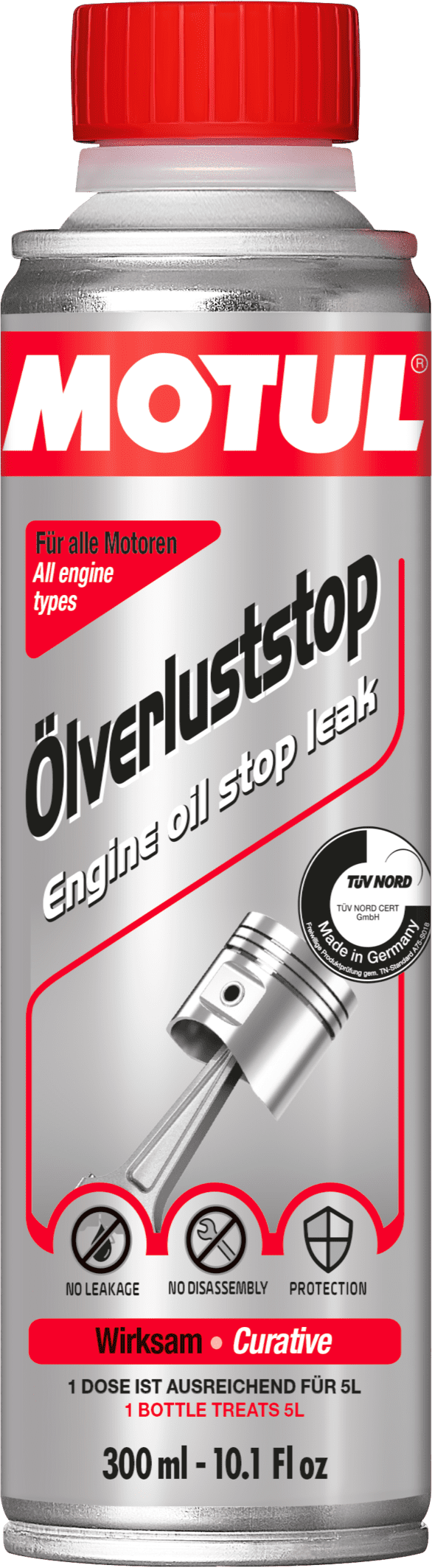 110647-300ML MOTUL Engine Oil Stop Leak is designed to be used in all types of 4 Stroke, Gasoline and Diesel engines, naturally aspirated or turbocharged, with or without catalytic converter, using all kind of fuel.
