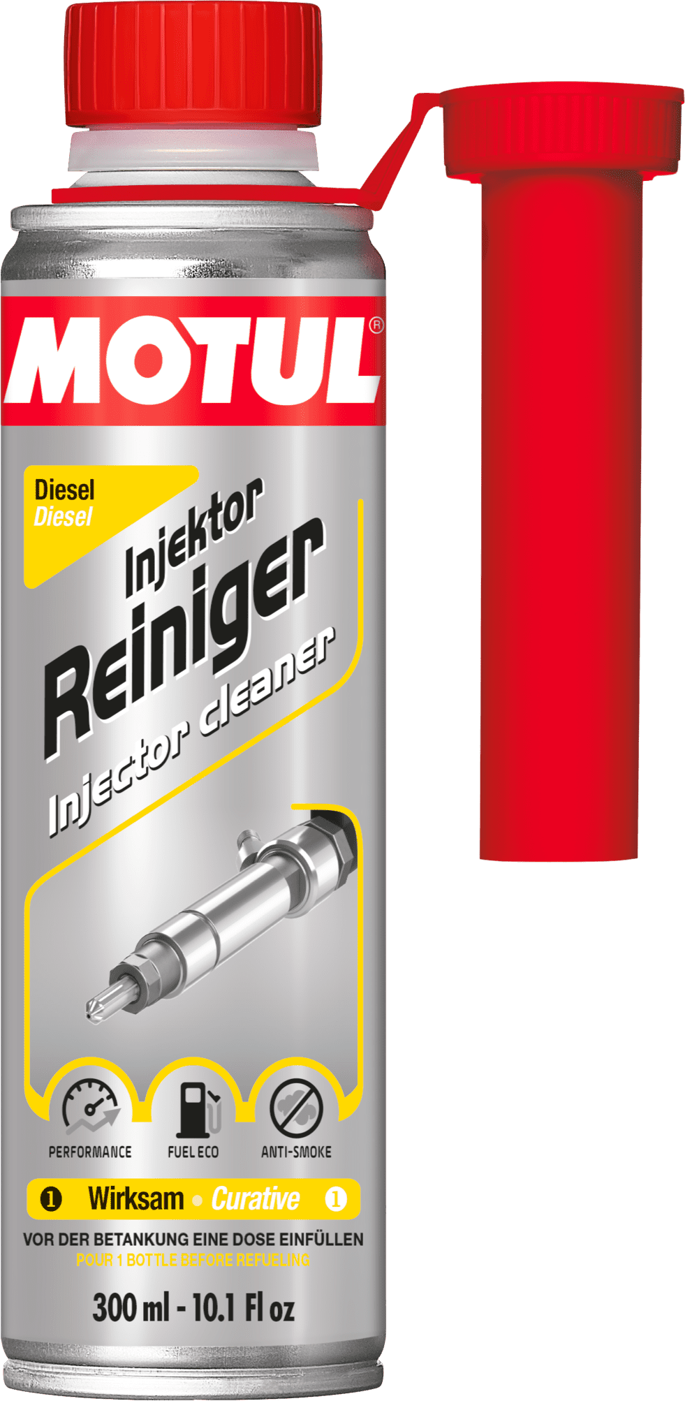 110673-300ML MOTUL INJECTOR CLEANER DIESEL is a curative additive designed to be used in all types of Diesel injection systems, with direct or indirect injection, naturally aspirated or turbocharged, with or without DPF (Diesel Particulate Filter) and with or without SCR (Selective Catalytic Reduction) systems.
