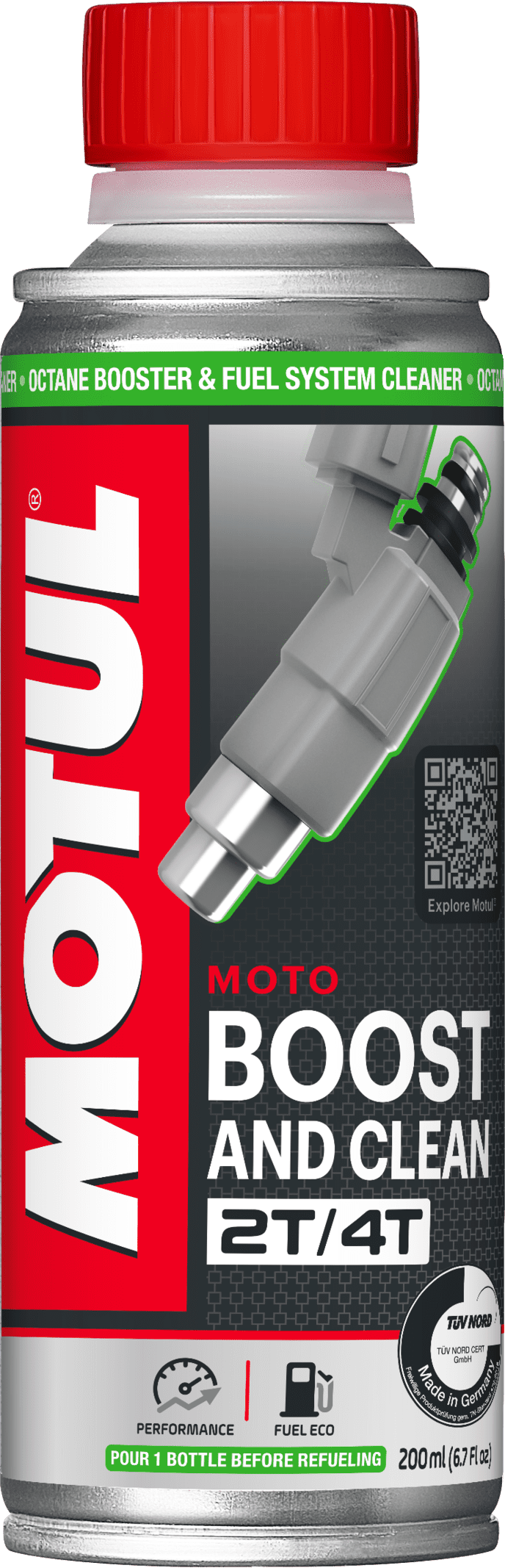 110873-200ML MOTUL BOOST AND CLEAN MOTO est un additif carburant à ajouter à l’essence, qui s’utilise dans tous types de moteurs 2 Temps et 4 Temps de motos.