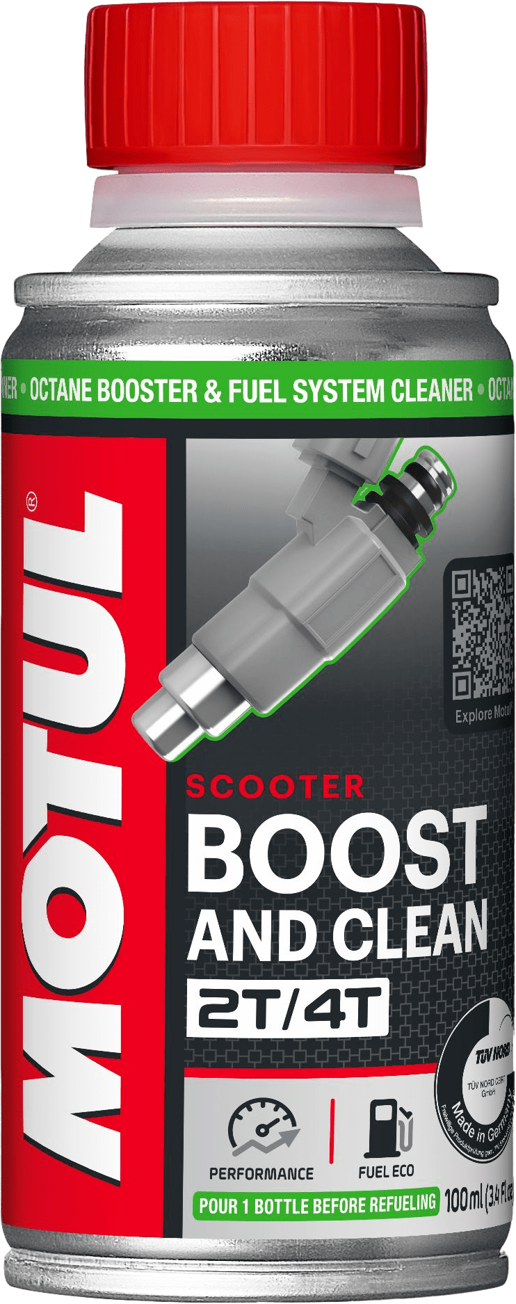 110879-100ML MOTUL BOOST AND CLEAN SCOOTER est un additif carburant à ajouter à l’essence, qui s’utilise dans tous types de moteurs 2 Temps et 4 Temps de scooters.