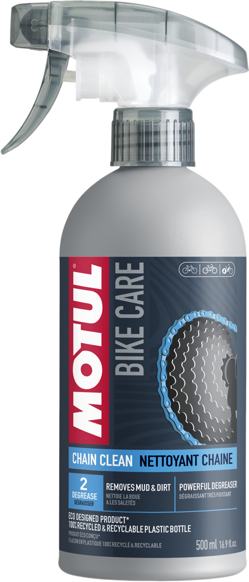 111384-500ML MOTUL® Chain Clean cleans all types of bicycle chains fitted on city bikes, road bikes, mountain bikes,…etc. using its strong dissolving power for removing heavy soiling.