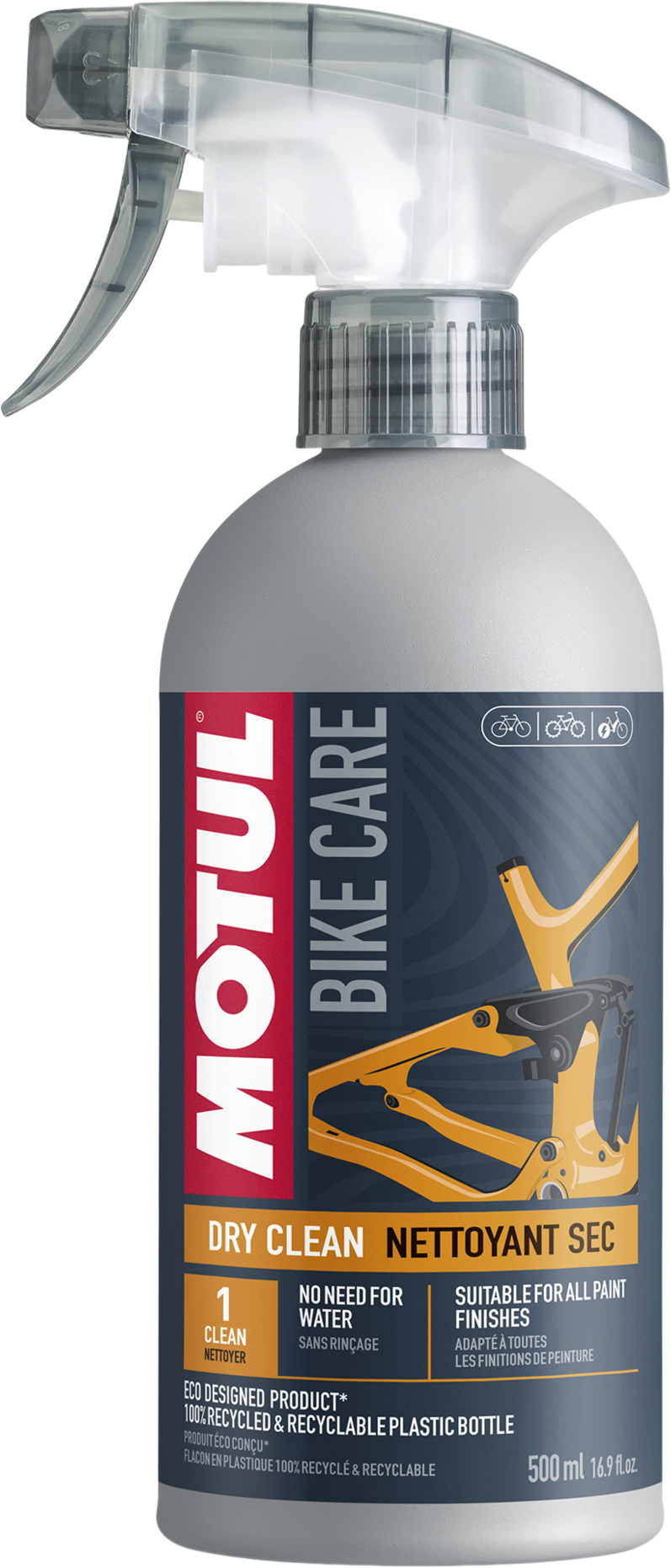 111406-500ML MOTUL® Dry Clean is een spoelloze reiniger voor het perfect reinigen van fietsframes van stadsfietsen, racefietsen, mountainbikes,…etc.