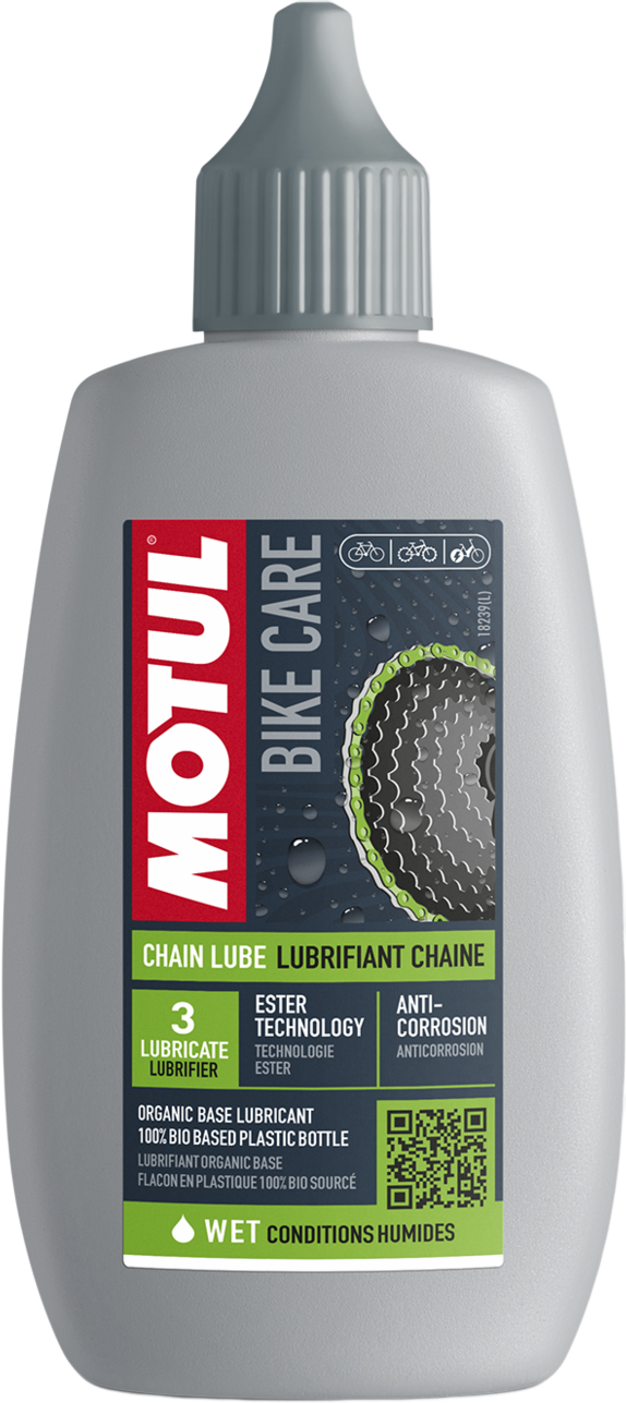 111451-100ML MOTUL® Chain Lube Wet lubricates all types of bicycle chains fitted on city bikes, road bikes, mountain bikes,…etc used in wet rainy conditions.
