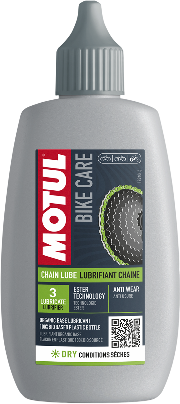 111452-100ML MOTUL® Chain Lube Dry lubricates all types of bicycle chains fitted on city bikes, road bikes, mountain bikes,…etc used in dry sunny conditions.
