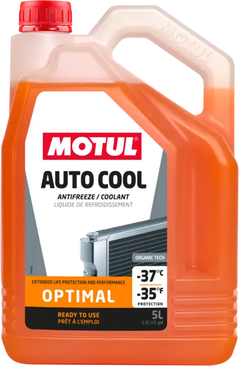 112621-5 MOTUL AUTO COOL OPTIMAL -37°C is een gebruiksklare, duurzame koelvloeistof, op basis van monoethyleenglycol, met gebruikmaking van Organic Tech, een Organic Acid Technology (OAT) toevoeging.