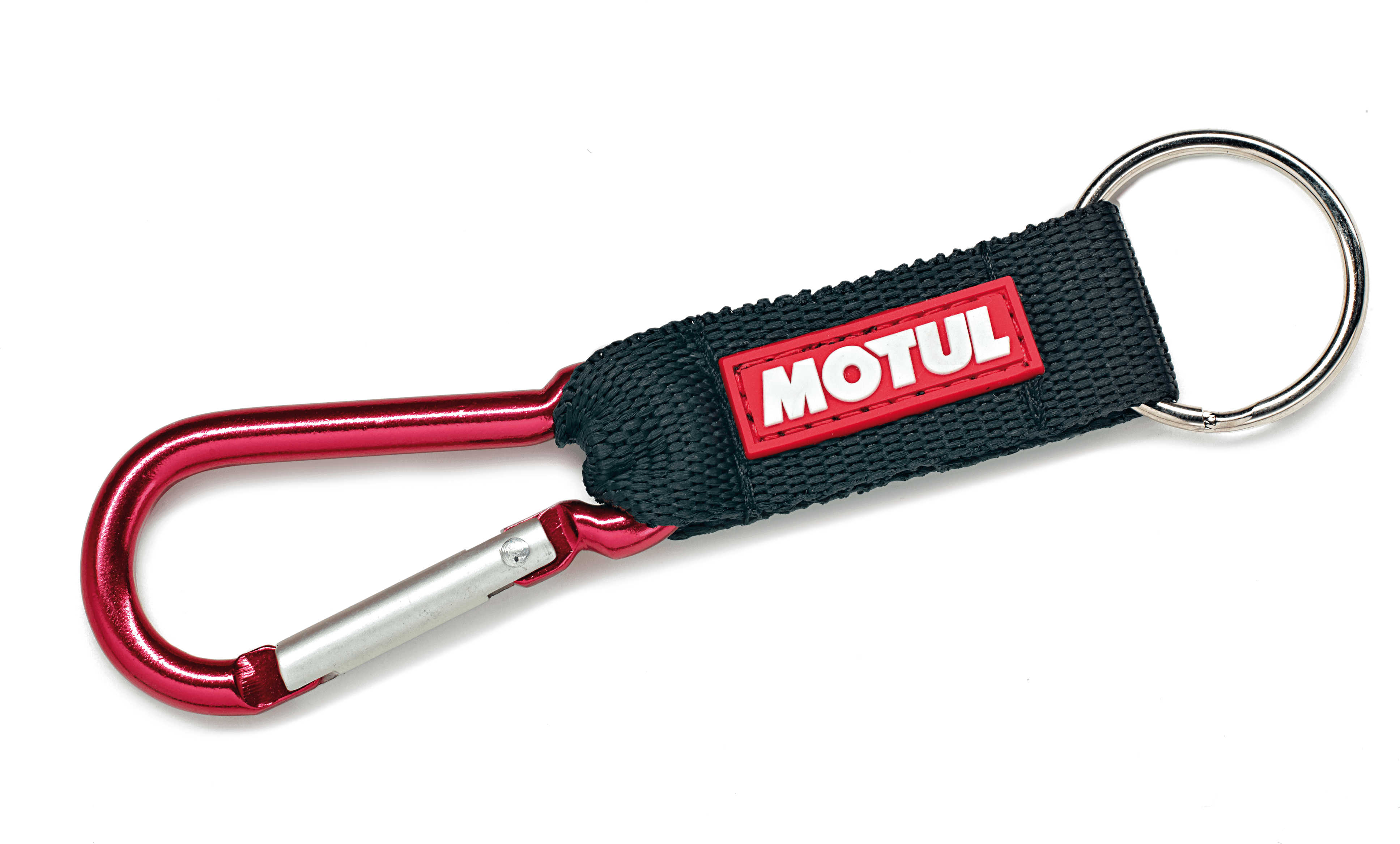200984 Practical key ring with snap hook and black polyester band with Motul patch sewn on.