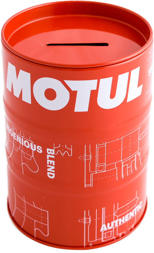 201537 Spaarpot in de vorm en uitvoering van de Motul-vat.