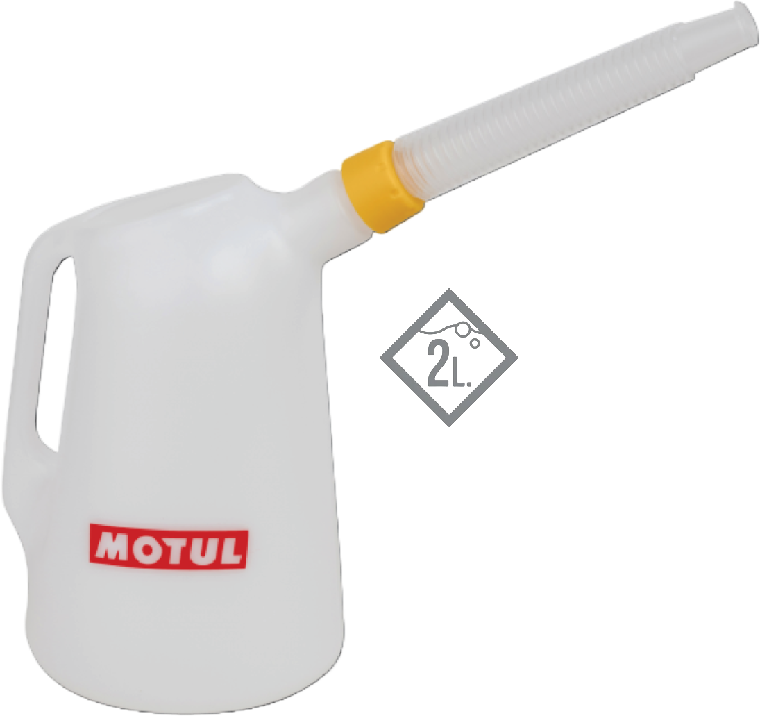 202082 Motul plastic 2 liter Polyethylene pouring jug with scale and flexible, unscrewable spout.