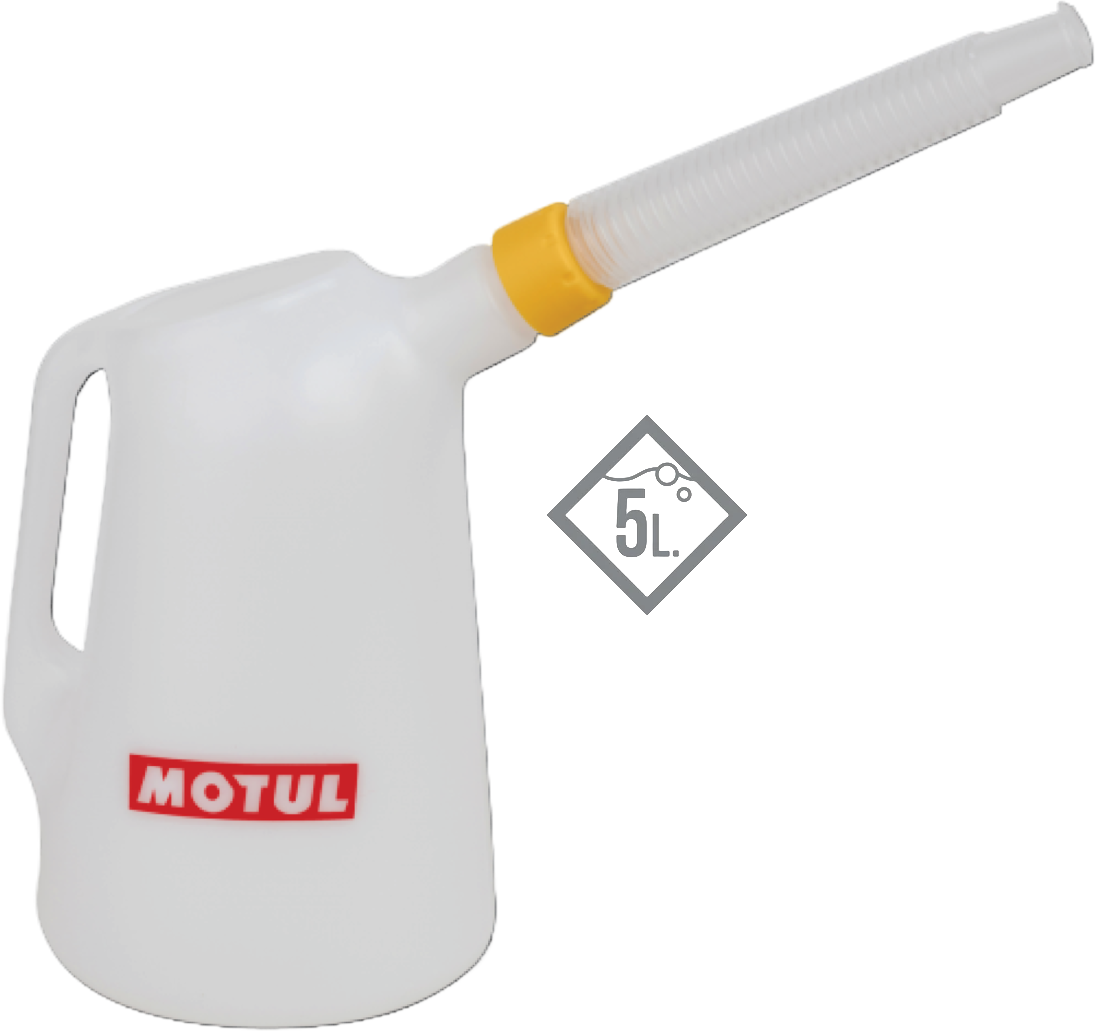 202083 Motul plastic 5 liter Polyethylene pouring jug with scale and flexible, unscrewable spout.