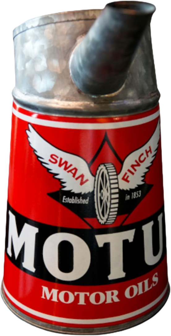 206475 Metalen kan met historisch Swan & Finch logo is een replica van de Motul kan uit de jaren 60.