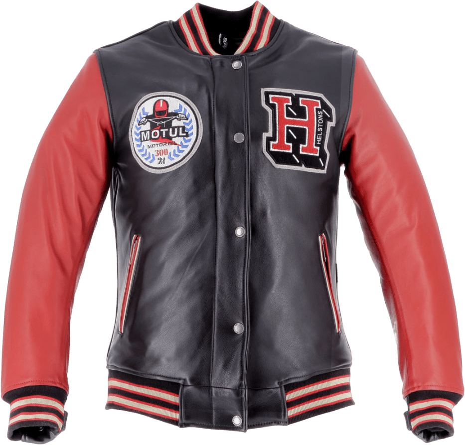 207838 The iconic American college jacket, infused with the expertise of Helstons' designer and adorned with Motul's Heritage 300 2T oil logo, has transformed into a motorcycle protective gear.