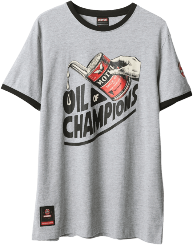 207909 T-shirt gris à manches courtes et imprimé classique &quot;Oil of Champions&quot; sur la poitrine.