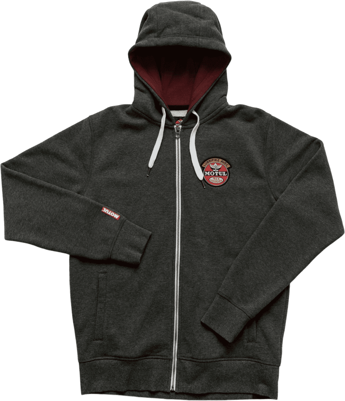 207972 MOTUL sweatshirt met capuchon, ritssluiting aan de voorkant en het MOTUL-logo geborduurd op de voorkant, terwijl de mouwen voorzien zijn van kleine labels.